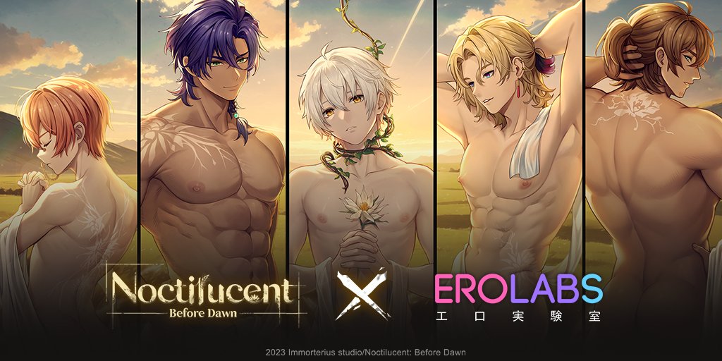 5boys abs anli_(noctilucent) artist_request bara blonde_hair brown_eyes brown_hair closed_eyes cloud commentary copyright_name copyright_notice cypar_(noctilucent) dawn delos_(noctilucent) english_commentary facial_hair field flower goatee_stubble green_eyes heigl_(noctilucent) holding holding_flower male_focus mishe_(noctilucent) multiple_boys muscular muscular_male navel nipples noctilucent:_before_dawn official_art own_hands_together pectorals pink_hair plant praying purple_hair sky stubble vines vines_around_neck white_hair