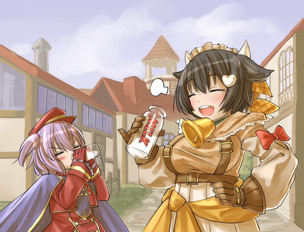 2girls animal_ears bell black_hair blush bottle breast_envy breasts brown_gloves cape cow_ears cow_girl cow_horns cowbell drinking emil_chronicle_online closed_eyes flat_chest gloves hair_ornament hand_on_own_hip hat heart heart_hair_ornament horns kasuga_yukihito large_breasts milk milk_bottle momo_alma multiple_girls peaked_cap pinky_out purple_hair red_gloves short_hair skeleton_shooter_alma suspenders
