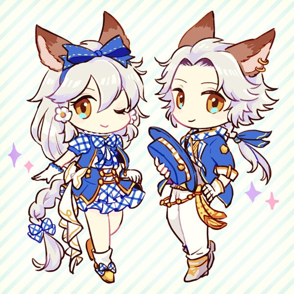 1boy 1girl ;) animal_ears argyle_bow argyle_clothes argyle_skirt blue_ribbon blue_vest bow braid brother_and_sister cat_ears chibi clothes_lift cosplay djeeta_(granblue_fantasy) djeeta_(granblue_fantasy)_(cosplay) earrings erune flower gloves gran_(granblue_fantasy) gran_(granblue_fantasy)_(cosplay) granblue_fantasy hair_between_eyes hair_flower hair_ornament hair_ribbon hairband heles jewelry kimi_to_boku_no_mirai long_hair low_ponytail miniskirt one_eye_closed orange_eyes pants ponytail puffy_short_sleeves puffy_sleeves ribbon seruel shoes short_sleeves siblings silver_hair single_braid skirt skirt_lift smile socks soppos sparkle striped_background vest white_gloves white_pants