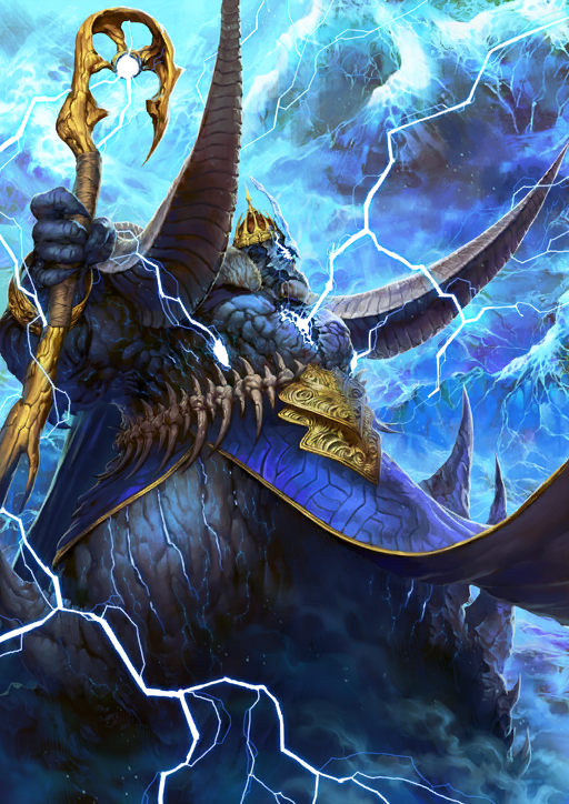 1boy bangle blue_background blue_cape blue_skin bracelet cape claws colored_skin cowboy_shot crown dannoura_yuuki electricity electrokinesis fate/grand_order fate_(series) from_below front_slit full_body fur-trimmed_cape fur_trim glowing hands_up holding holding_staff ivan_the_terrible_(fate) jewelry legs_apart lightning male_focus monster_boy official_art pelvic_curtain solo spikes staff standing storm third-party_source
