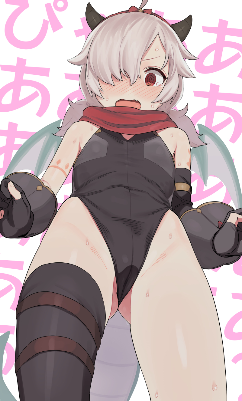 1girl @_@ ahoge black_gloves black_leotard black_thighhighs blush flat_chest gloves grey_hair hair_over_one_eye hairband highleg highleg_leotard highres horns inori_(phantom_thief)_(princess_connect!) inori_(princess_connect!) leotard long_hair low_twintails nose_blush open_mouth partially_fingerless_gloves princess_connect! red_eyes rkrk simple_background single_thighhigh solo sweat tail tears text_background thighhighs twintails white_background