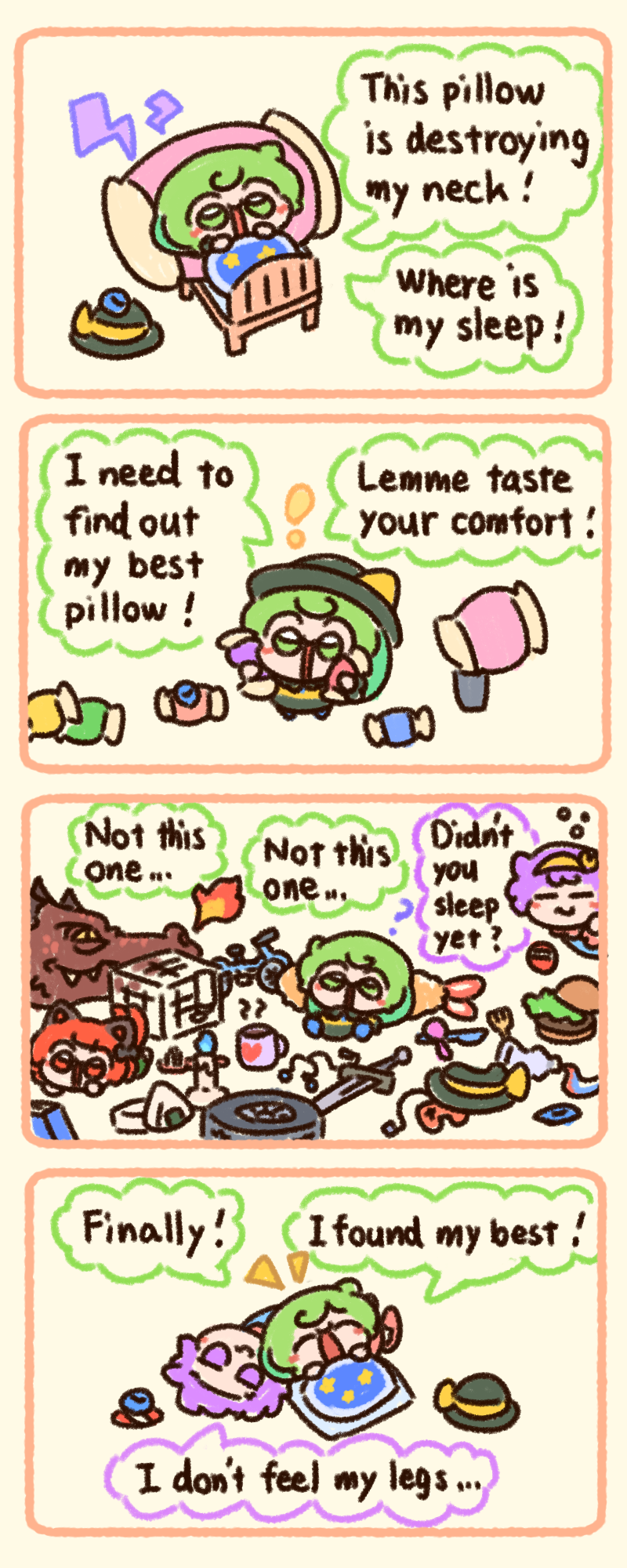 3girls 4koma animal_ears bed black_headwear black_skirt blouse bow bright_pupils candy cat_ears comic english_text eyeball food frilled_shirt_collar frilled_sleeves frills green_eyes green_hair hair_ornament hairband hat hat_bow hat_ribbon heart heart_hair_ornament highres kaenbyou_rin komeiji_koishi komeiji_satori long_sleeves medium_hair messy_hair multiple_girls nekomata numenoko open_mouth purple_eyes purple_hair red_hair ribbon shirt short_hair skirt smile tan_tan_pou third_eye touhou yellow_bow yellow_hairband yellow_ribbon yellow_shirt