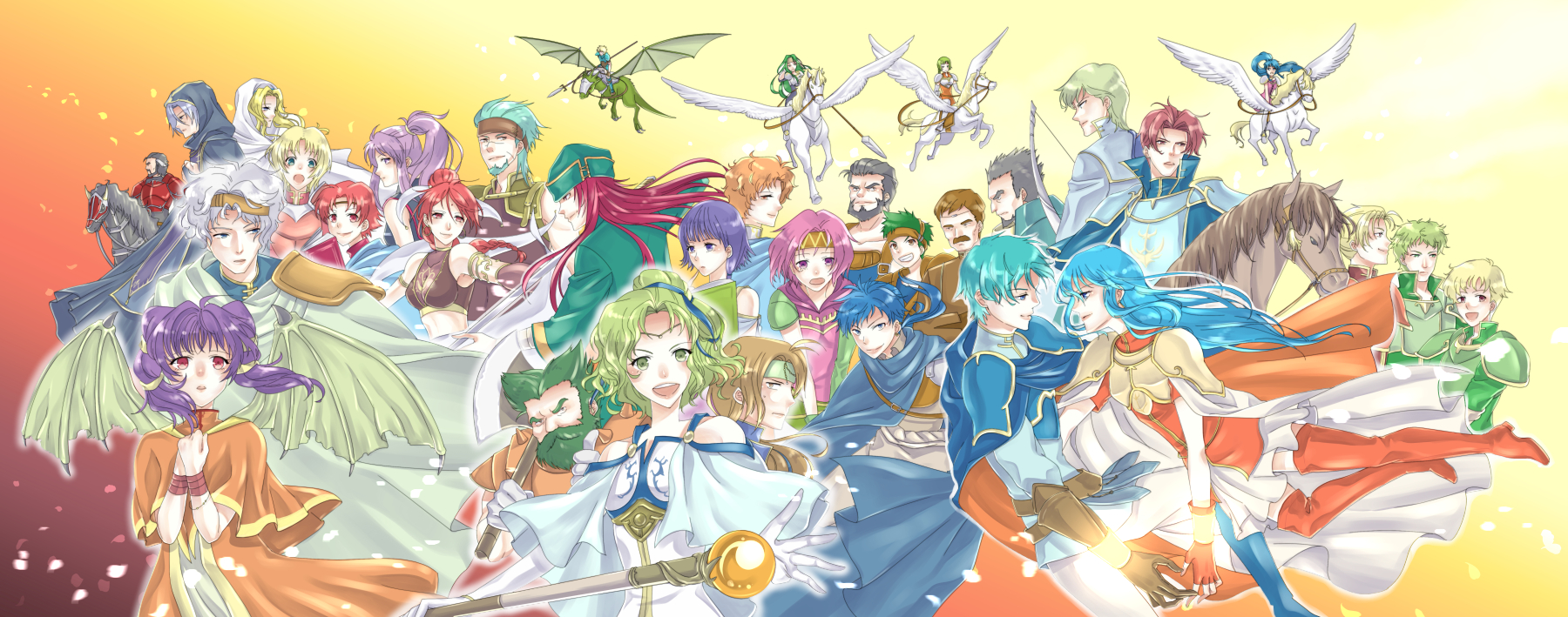 6+boys 6+girls amelia_(fire_emblem) aqua_hair armor artur_(fire_emblem) bare_shoulders bat_wings beard black_hair blonde_hair blue_eyes blue_hair brown_gloves brown_hair character_request colm_(fire_emblem) cormag_(fire_emblem) dozla_(fire_emblem) dragon duessel_(fire_emblem) eirika_(fire_emblem) ephraim_(fire_emblem) ewan_(fire_emblem) facial_hair fingerless_gloves fire_emblem fire_emblem:_the_sacred_stones forde_(fire_emblem) franz_(fire_emblem) garcia_(fire_emblem) gerik_(fire_emblem) gilliam_(fire_emblem) gloves gradient_background green_eyes green_hair hat headband highres ichino_tomizuki innes_(fire_emblem) joshua_(fire_emblem) knoll_(fire_emblem) kyle_(fire_emblem) l'arachel_(fire_emblem) long_hair lute_(fire_emblem) marisa_(fire_emblem) midriff moulder_(fire_emblem) multiple_boys multiple_girls myrrh_(fire_emblem) natasha_(fire_emblem) neimi_(fire_emblem) nintendo pegasus ponytail profile purple_hair red_eyes rennac_(fire_emblem) riding ross_(fire_emblem) saleh_(fire_emblem) seth_(fire_emblem) short_hair silver_hair syrene_(fire_emblem) tana_(fire_emblem) tethys_(fire_emblem) vanessa_(fire_emblem) white_gloves wings