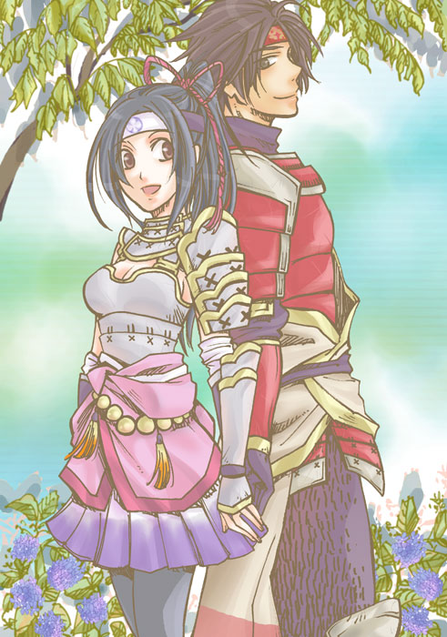 armor back-to-back black_hair breasts brown_eyes brown_hair cleavage flower headband holding_hands inahime long_hair miniskirt pantyhose parted_bangs ponytail sanada_yukimura_(sengoku_musou) sengoku_musou skirt smile