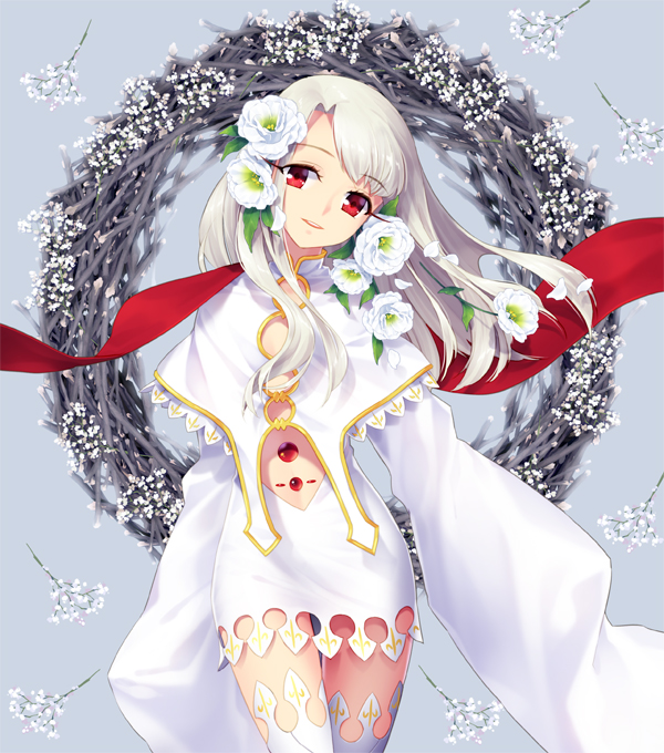 1girl dress_of_heaven fate/stay_night fate_(series) female_focus flower hair_flower hair_ornament illyasviel_von_einzbern long_hair long_sleeves looking_at_viewer red_eyes sleeves_past_wrists smile solo thighhighs very_long_sleeves white_thighhighs yeruen zettai_ryouiki