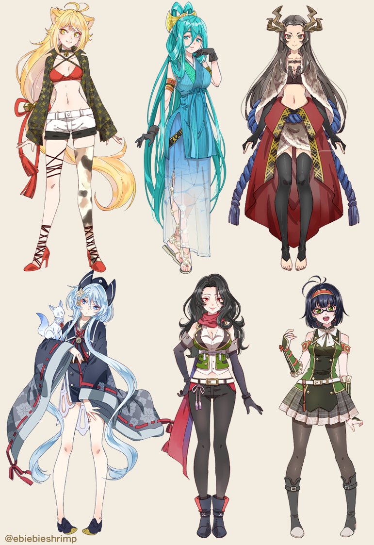6+girls :d antenna_hair aqua_eyes aqua_hair armor bell belt black-framed_eyewear black_gloves black_hair black_legwear blonde_hair blue_eyes bow breasts brown_eyes brown_hair buzen_gou cape chiyoganemaru choker cleavage fox genderswap genderswap_(mtf) glasses gloves green_eyes hair_bell hair_ornament hairband hakusan_yoshimitsu hakusan_yoshimitsu&#039;s_fox hat high_heels japanese_armor japanese_clothes kote kotegiri_gou long_hair low-tied_long_hair midriff mole mole_under_eye multiple_girls nansen_ichimonji navel nenekirimaru open_mouth pants pantyhose plaid_clothes plaid_skirt pleated_skirt print_legwear red_eyes sandals scarf shorts shuri_(84k) silver_hair single_thighhigh skirt smile thighhighs touken_ranbu twitter_username very_long_hair wide_sleeves yellow_eyes