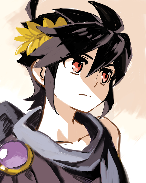 1boy ahoge black_hair collarbone dark_pit kid_icarus kid_icarus_uprising laurel_crown looking_to_the_side male_focus nintendo red_eyes solo split_mouth upper_body yukigi