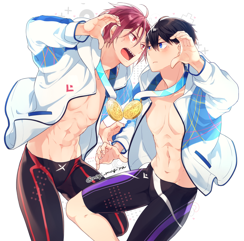 2boys abs black_hair blue_eyes blush closed_mouth commentary_request free! frown heart heart_hands jacket male_focus matsuoka_rin medal multiple_boys nanase_haruka_(free!) navel negi_mugiya open_clothes open_jacket open_mouth pectorals red_eyes red_hair sharp_teeth short_hair sparkle sportswear standing standing_on_one_leg sweatdrop teeth toned toned_male twitter_username white_background