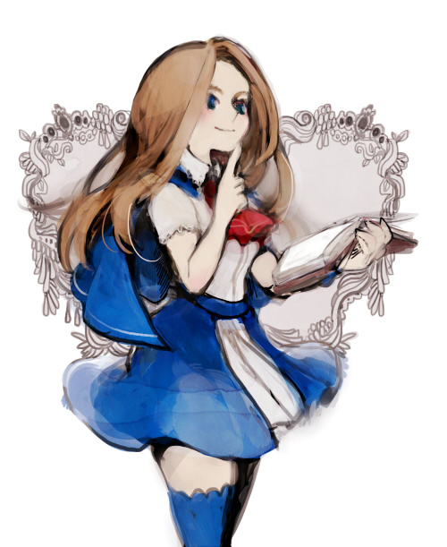 1girl ascot blue_capelet blue_eyes blue_thighhighs book brown_hair capelet castlevania:_portrait_of_ruin castlevania_(series) charlotte_aulin holding holding_book kmitty long_hair red_ascot shirt sketch skirt smile thighhighs white_shirt