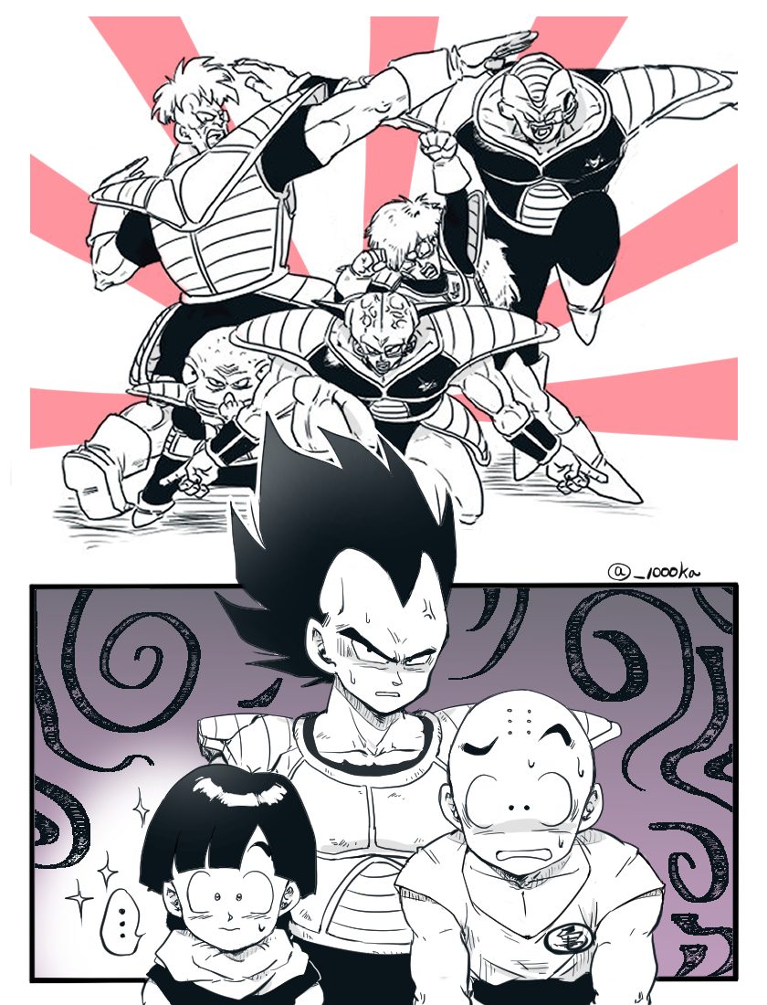 ... 6+boys anger_vein armor bald boots bowl_cut broken_armor burter captain_ginyu clenched_hands comic commentary_request dragon_ball dragonball_z extra_eyes facial_mark forehead_mark frown ginyu_force ginyu_force_pose gloves greyscale guldo jeice kuririn male_focus monochrome multiple_boys recoome scouter senka-san shoulder_armor son_gohan sparkle spoken_ellipsis spot_color sweat twitter_username vegeta widow&#039;s_peak
