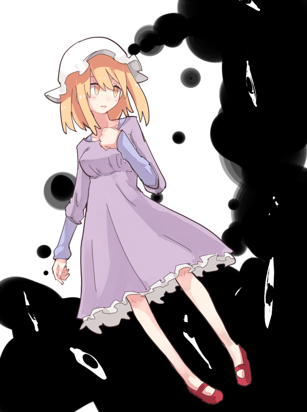 1girl black_clouds blonde_hair creepy dress female_focus floating hand_on_own_chest hat horror_(theme) looking_to_the_side maribel_hearn mary_janes mob_cap purple_dress red_shoes shiroshi_(denpa_eshidan) shoes simple_background solo staring touhou worried yellow_eyes