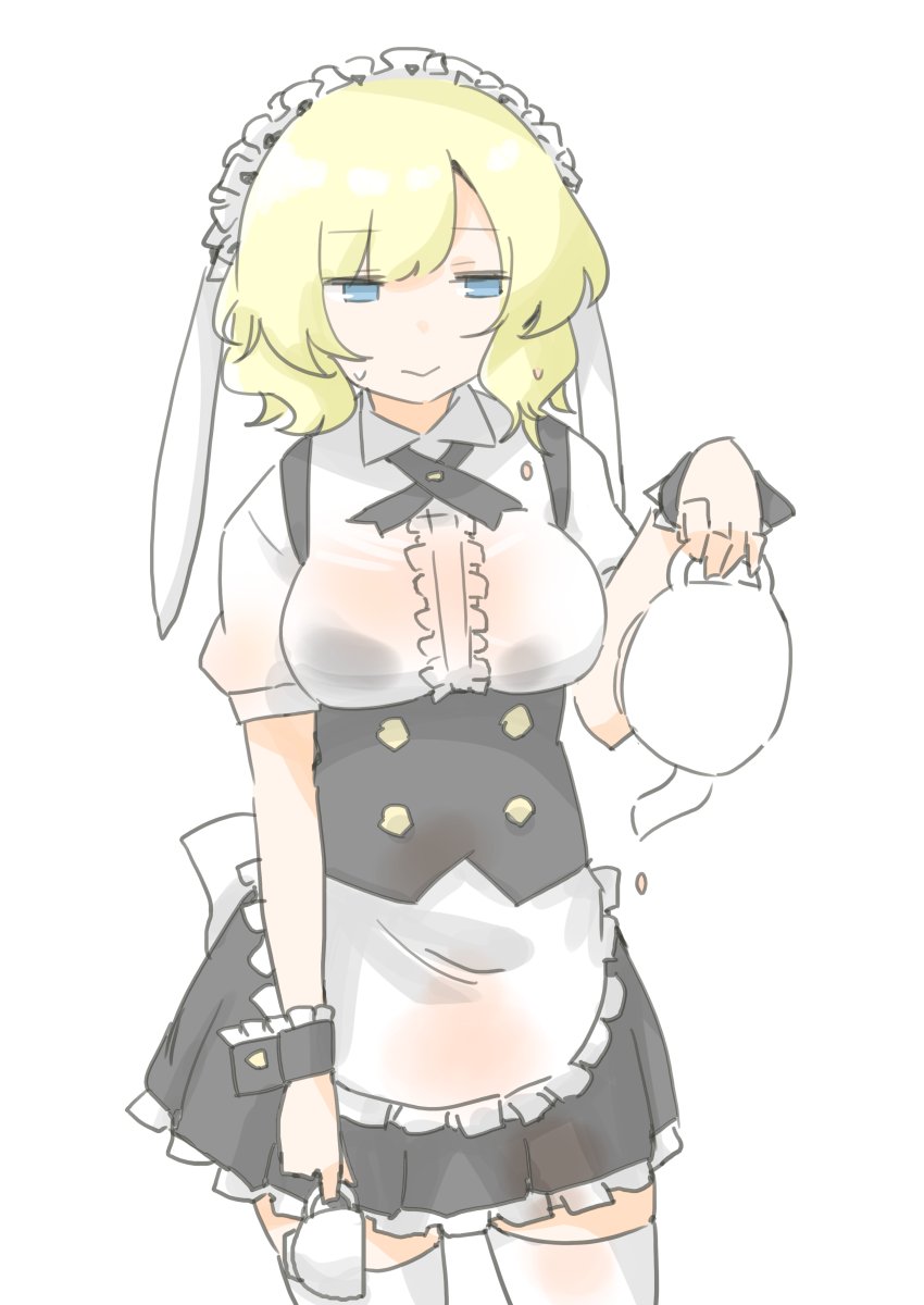 1girl akara_kai blonde_hair blue_eyes bra_visible_through_clothes breasts colorado_(kancolle) cosplay cup dress failure gochuumon_wa_usagi_desu_ka? highres holding holding_cup kantai_collection kirima_syaro kirima_syaro_(cosplay) large_breasts rabbit_house_uniform short_hair simple_background solo teapot thighhighs waitress wet wet_clothes wet_dress white_thighhighs