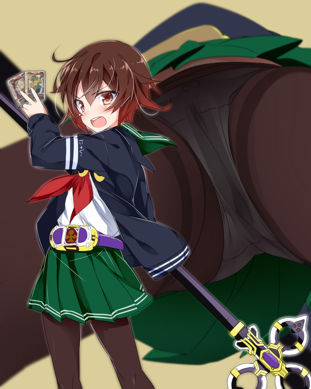 10s 1girl blush bow bow_panties brown_eyes brown_hair crotch_seam female_focus from_below highres kamen_rider kamen_rider_blade_(series) kamen_rider_leangle kantai_collection looking_at_viewer mtu_(orewamuzituda) mutsuki_(kancolle) name_connection open_mouth panties panties_under_pantyhose pantyhose pleated_skirt rider_belt school_uniform serafuku short_hair skirt solo staff thighband_pantyhose underwear upskirt white_panties