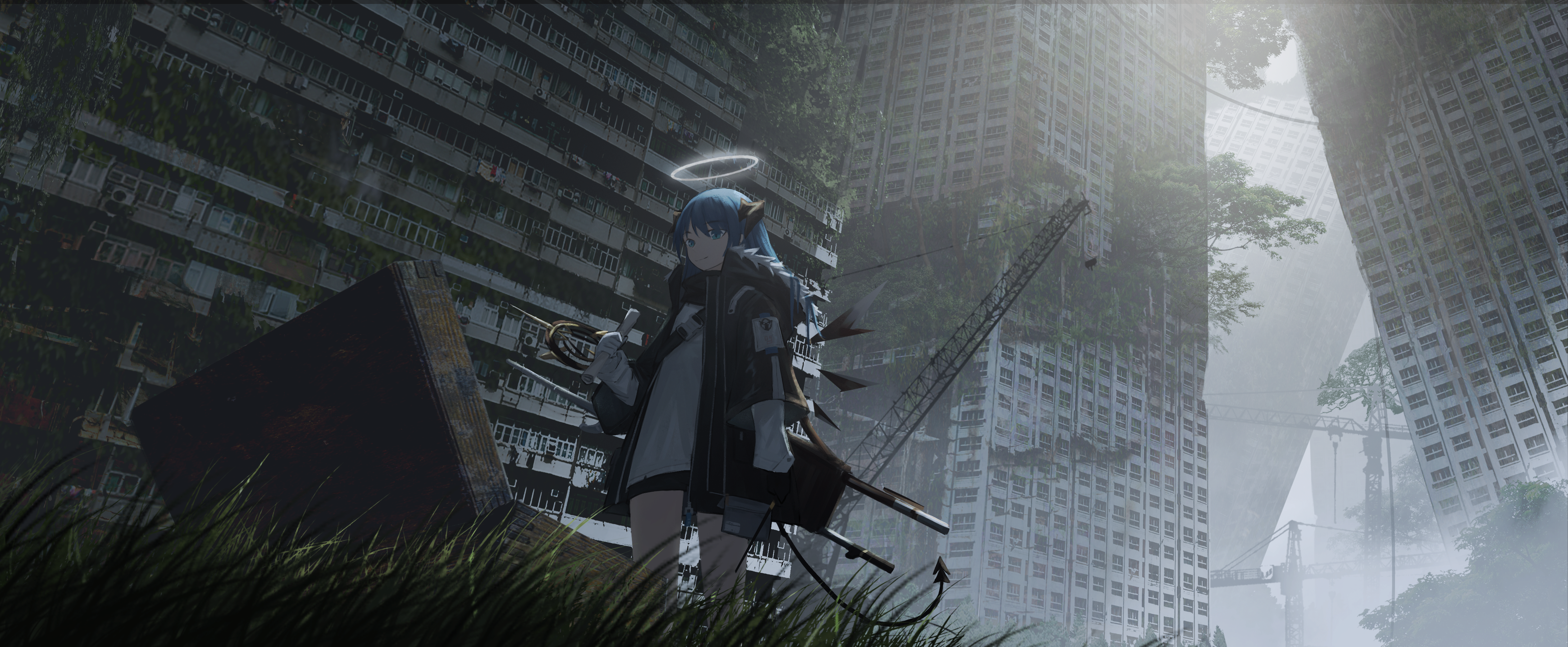1girl absurdres arknights black_jacket black_shorts black_wings blue_hair building cowboy_shot day de4d_fish demon_horns demon_tail detached_wings energy_wings grass grey_sky halo highres holding holding_map horns jacket map mostima_(arknights) open_clothes open_jacket outdoors overgrown ruins scenery shirt shorts sky skyscraper solo staff standing tail textless_version white_shirt wings