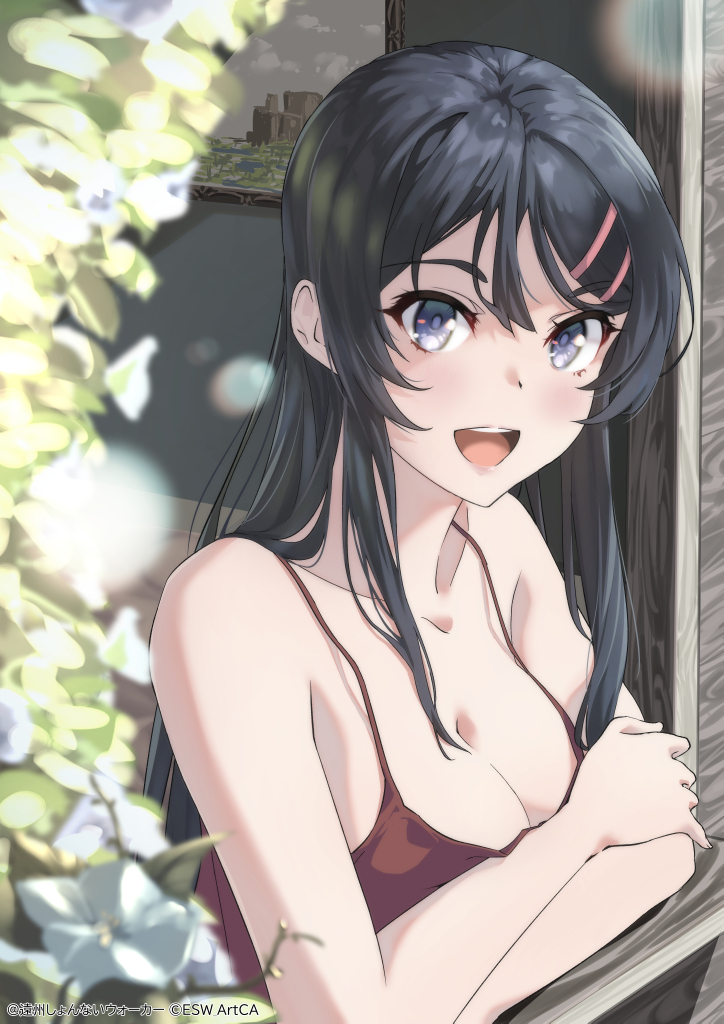 1girl :d against_windowsill arm_rest bare_shoulders black_hair blurry breasts camisole collarbone commentary crossed_arms depth_of_field esw_artca flower grey_eyes hair_ornament hairclip large_breasts long_hair looking_at_viewer open_mouth red_camisole revision sakurajima_mai seishun_buta_yarou smile solo straight_hair strap_gap teeth upper_body upper_teeth_only windowsill