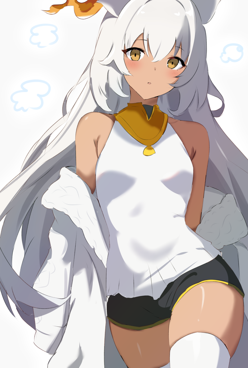1girl animal_ears arknights bare_shoulders beeswax_(arknights) beeswax_(weisser_sand)_(arknights) black_shorts blush cowboy_shot dark-skinned_female dark_skin goat_ears goat_horns hair_between_eyes horns jacket long_hair looking_at_viewer official_alternate_costume official_art open_clothes open_jacket parted_lips raifu_(rf) shirt short_shorts shorts simple_background sleeveless sleeveless_shirt solo thighhighs thighs very_long_hair white_background white_hair white_jacket white_shirt white_thighhighs yellow_eyes