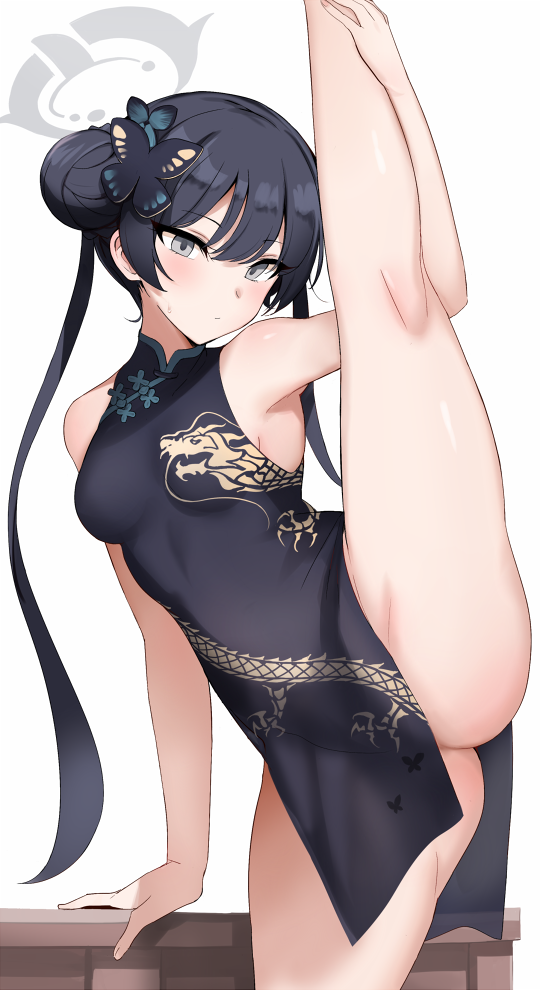 1girl bare_shoulders black_dress black_hair blue_archive blue_eyes braid braided_bun breasts butterfly_hair_ornament china_dress chinese_clothes double_bun dragon_print dress gluteal_fold grey_eyes hair_bun hair_ornament halo kisaki_(blue_archive) kneepits leg_hold leg_lift leg_up long_hair looking_at_viewer mobu no_panties pelvic_curtain print_dress short_dress side_slit sleeveless sleeveless_dress small_breasts solo split standing standing_on_one_leg standing_split twintails