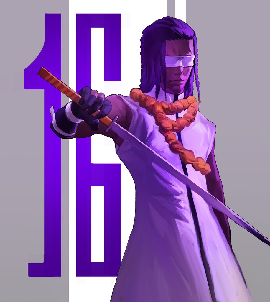 1boy bare_shoulders bleach cowboy_shot dark_skin dress elbow_gloves facing_viewer forehead gloves grey_background hand_up hieumay holding holding_sword holding_weapon katana lips male_focus nose number_background orange_scarf purple_theme scarf shinigami sleeveless solo sword tousen_kaname turtleneck two-tone_background very_dark_skin weapon white_dress zanpakutou