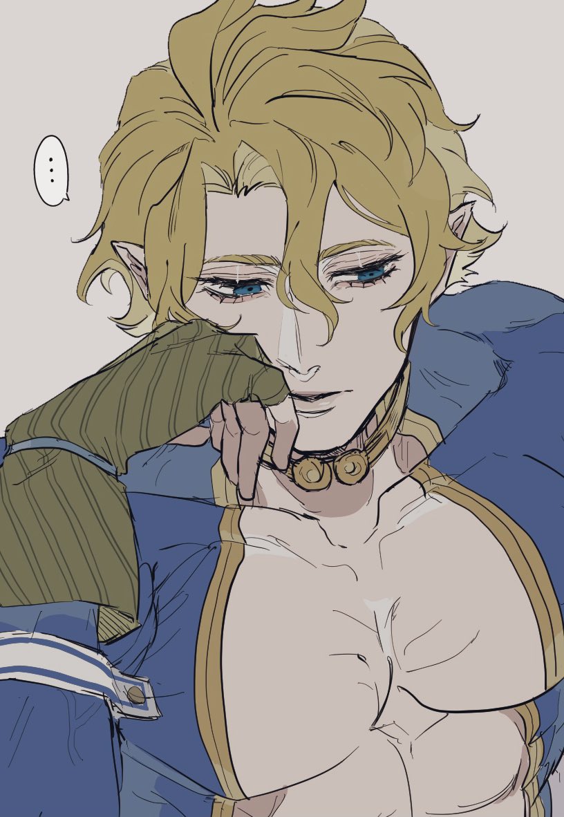 ... 1boy abs armlet blonde_hair blue_eyes choker collarbone expressionless fingerless_gloves gloves gold_choker gold_trim golden_armlet green_gloves hair_between_eyes half-closed_eyes head_on_hand head_rest jewelry jitome male_focus muscular muscular_male parted_lips pectoral_cleavage pectorals pointy_ears poseidon_(shuumatsu_no_valkyrie) revealing_clothes short_hair shuumatsu_no_valkyrie simple_background solo speech_bubble spoken_ellipsis toned toned_male upper_body white_background