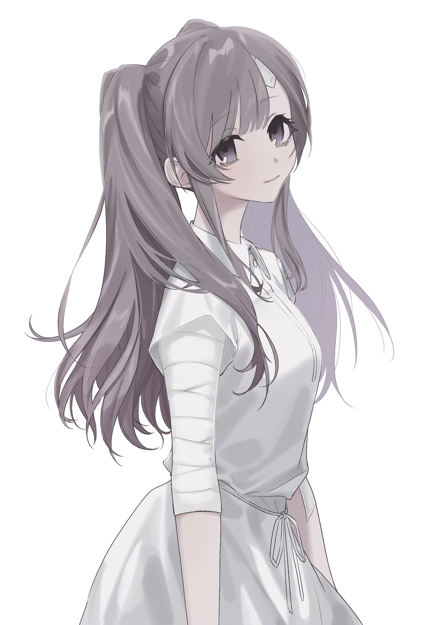 1girl arms_at_sides bandaged_arm bandages bandaid bandaid_on_arm bandaid_on_face bandaid_on_forehead breasts closed_mouth collared_dress commentary_request cowboy_shot dress from_side grey_hair head_tilt highres idolmaster idolmaster_shiny_colors long_hair looking_at_viewer looking_to_the_side medium_breasts purple_eyes sa_tsuko short_sleeves sidelocks simple_background solo swept_bangs turning_head twintails white_background white_dress yukoku_kiriko