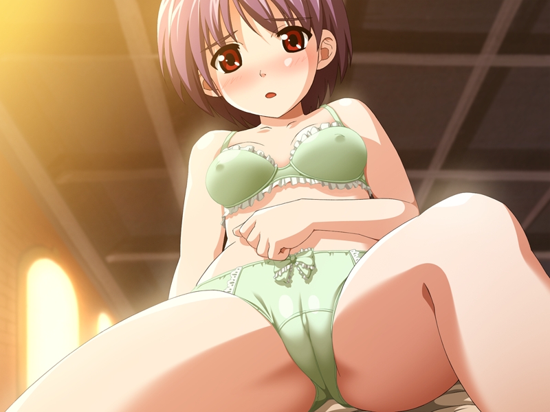 1girl blush edelweiss edelweiss_eiden_fantasia game_cg green_panties panties purple_hair red_eyes takase_sakura underwear