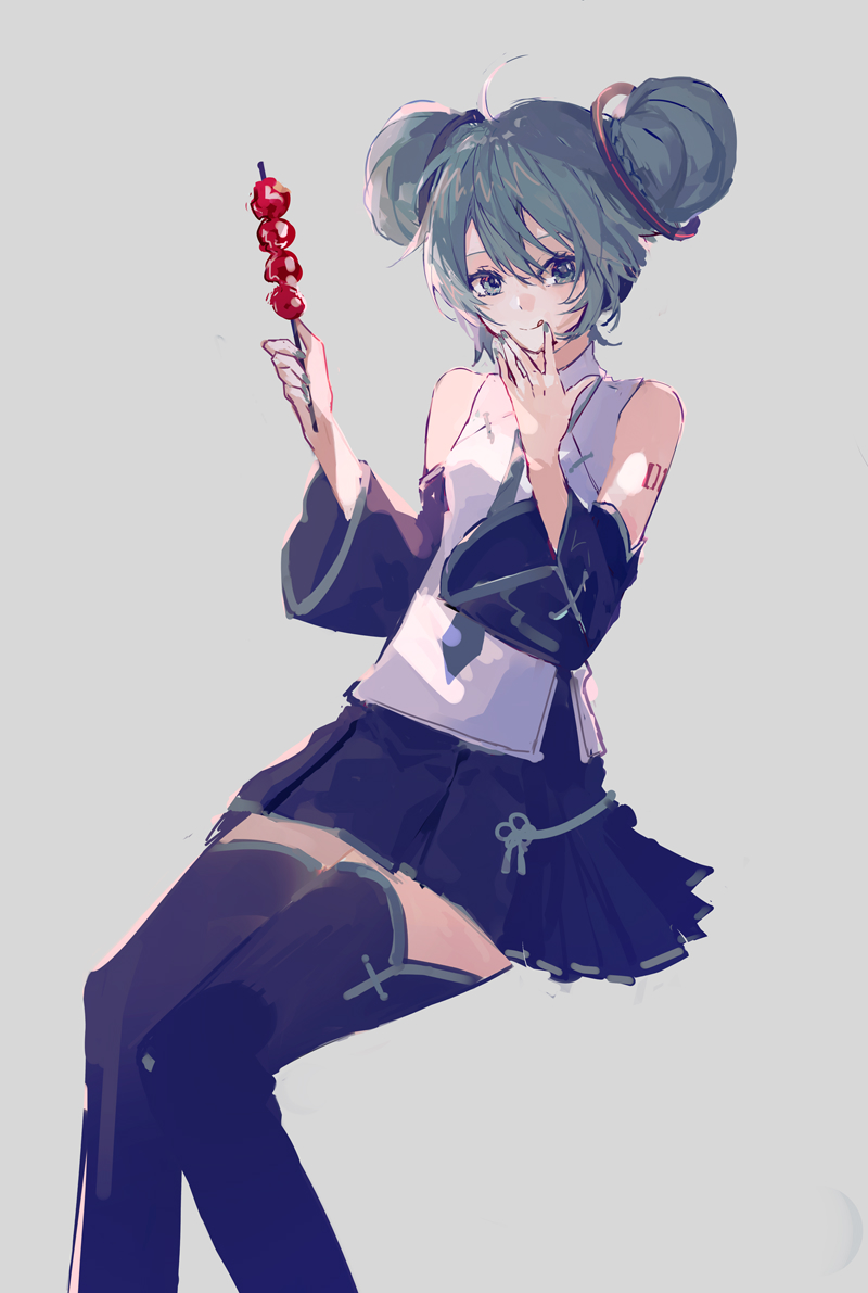 alternate_hairstyle black_skirt blue_eyes blue_hair dango double_bun food grey_background hair_bun hand_mouth hatsune_miku hatsune_miku_(vocaloid4)_(chinese) inward_v licking_lips mamenomoto shirt skewer skirt sleeveless sleeveless_shirt solo thighhighs tongue tongue_out v vocaloid wagashi wide_sleeves