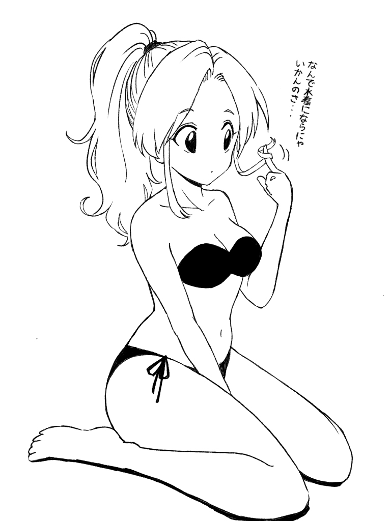 1girl barefoot botan_(yu_yu_hakusho) breasts cleavage closed_mouth collarbone full_body greyscale high_ponytail kajino_(aosansai) long_hair monochrome navel ponytail simple_background solo swimsuit twirling_hair white_background yuu_yuu_hakusho