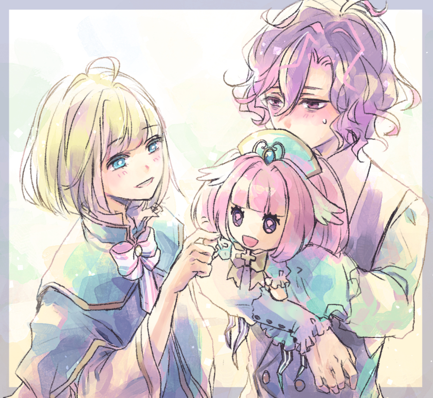 2boys ahoge bags_under_eyes blonde_hair blue_eyes brothers covered_mouth dame_x_prince grin hair_between_eyes hand_puppet kyuaran male_focus mare_selen_el_phiriazar merveilles multiple_boys puppet purple_hair purple_vest ruze_selen_el_phiriazar shirt siblings smile vest white_shirt