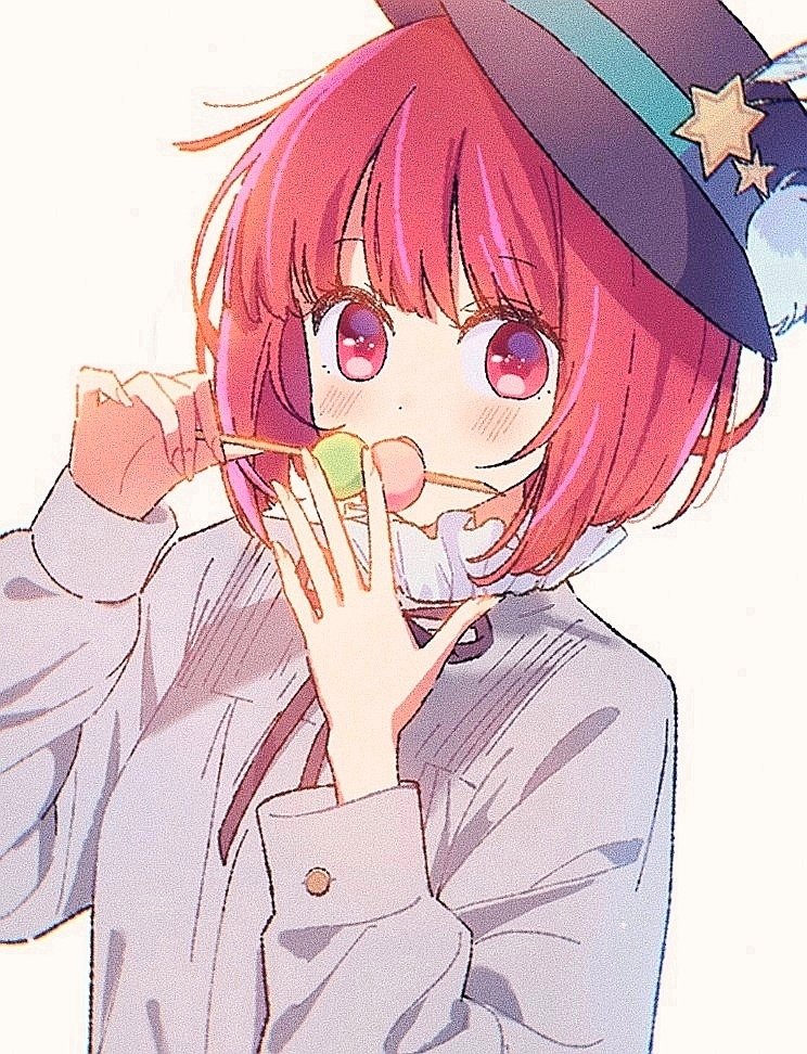 1girl arima_kana blue_hat blush bob_cut collar collared_shirt commentary dango dress_shirt eating food frilled_collar frills hands_up hat hat_feather hat_ornament holding holding_food inverted_bob long_sleeves looking_at_viewer neck_ribbon open_mouth oshi_no_ko porkpie_hat red_eyes red_hair ribbon shirt short_hair solo star_(symbol) star_hat_ornament symbol-only_commentary upper_body wagashi white_background white_shirt yamabukiyuki