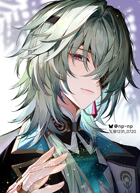 1boy anaxa_(honkai:_star_rail) artist_name bishounen black_jacket blue_eyes blurry blurry_background closed_mouth collared_shirt earrings eyelashes eyepatch formal_clothes gem green_hair hair_between_eyes hair_over_shoulder hand_up honkai:_star_rail honkai_(series) jacket jewelry lapels light_particles long_hair long_sleeves looking_at_viewer low_ponytail male_focus multicolored_eyes np_(1231_0720) one_eye_covered ponytail red_eyes ring shirt solo sparkle tassel upper_body watermark white_shirt