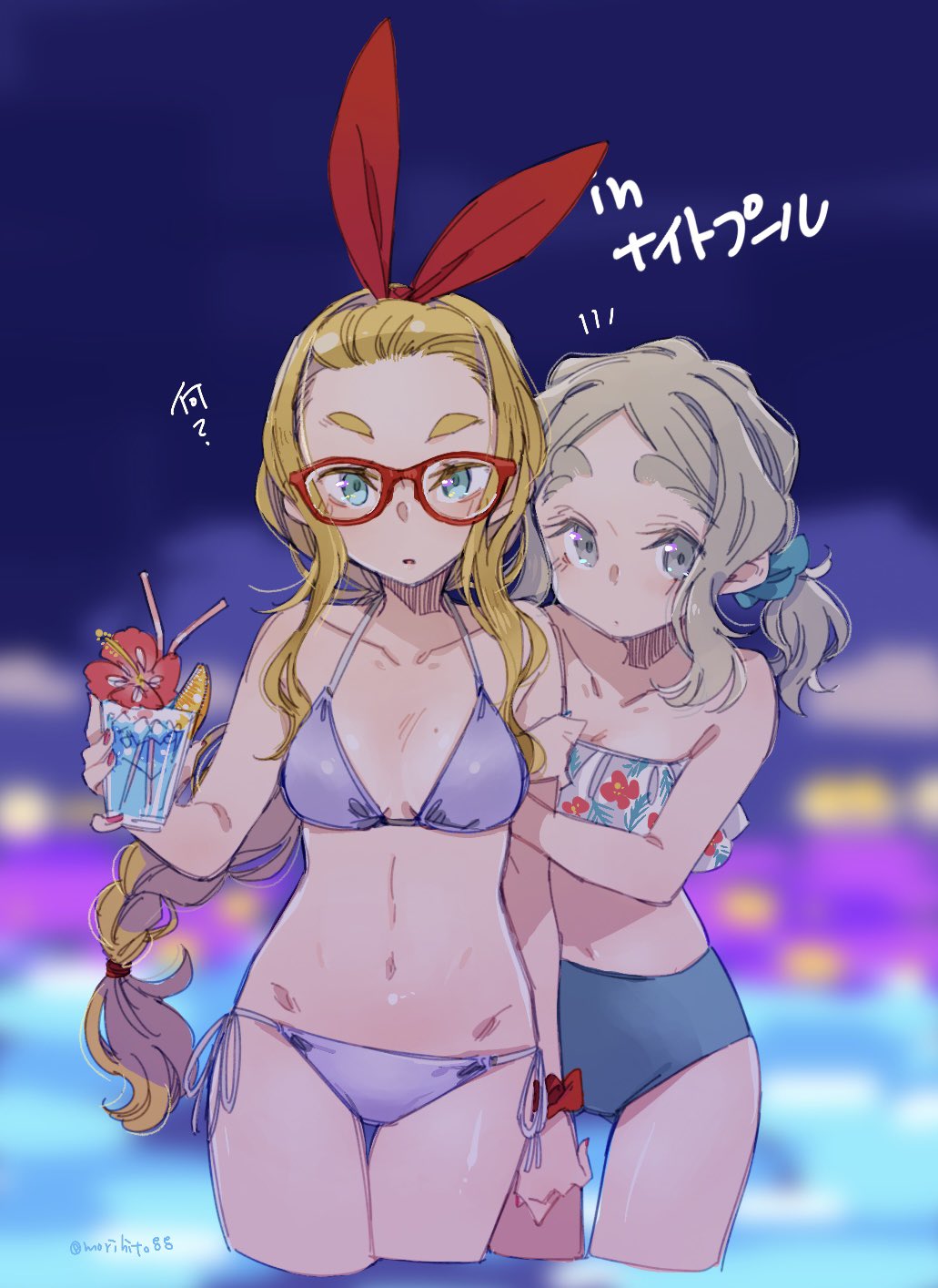 2girls arm_hug bikini blonde_hair blue_eyes borrowed_character breasts chibikko_(morihito) commentary_request dekomegane drink grey_eyes grey_hair highres long_braid long_hair looking_at_viewer morihito multiple_girls navel original side-tie_bikini_bottom small_breasts swimsuit thick_eyebrows very_long_hair wading water