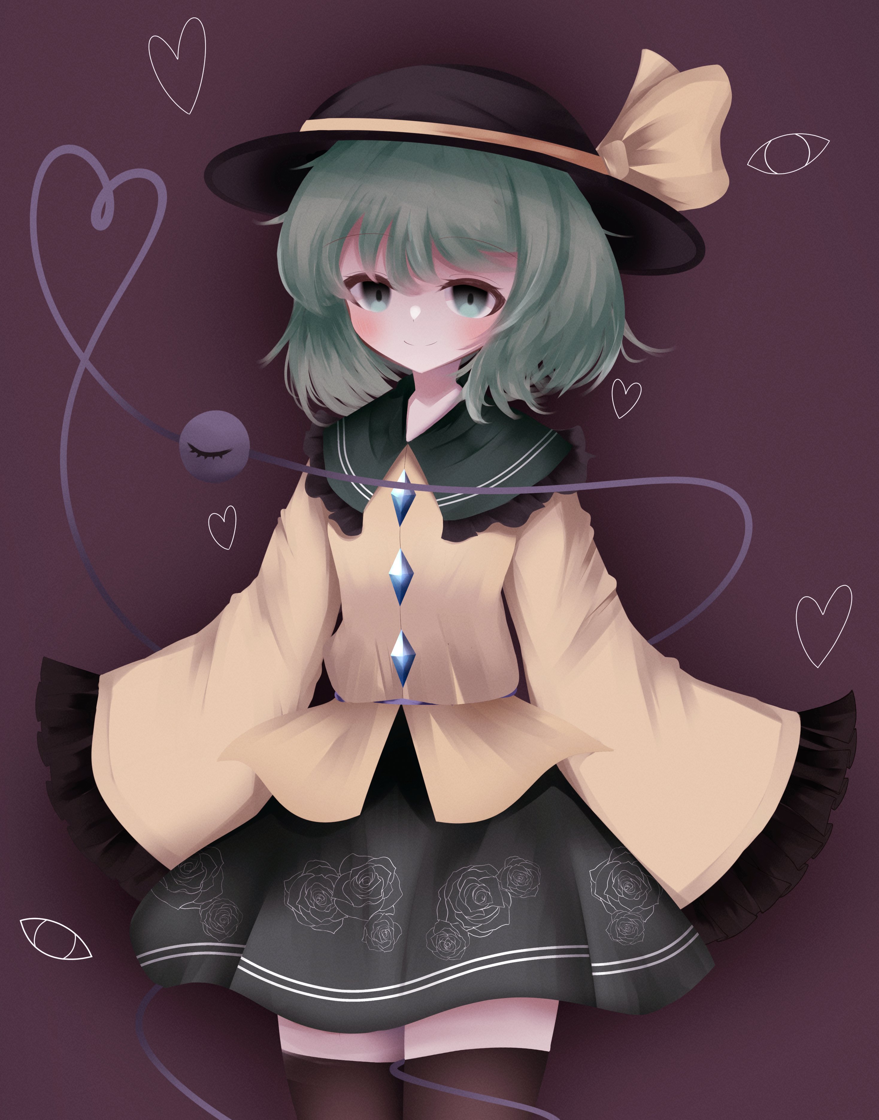 1girl absurdres black_background black_hat black_thighhighs closed_mouth cowboy_shot floral_print green_hair green_skirt hat hat_ribbon heart heart_of_string highres komeiji_koishi looking_at_viewer ribbon rose_print shirt short_hair simple_background skirt smile solo standing thighhighs third_eye touhou waroemon yellow_ribbon yellow_shirt