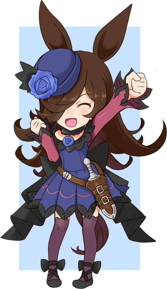 1girl :d animal_ears belt black_hair black_shoes black_thighhighs blue_dress blue_flower blue_rose brown_belt closed_eyes commentary dagger dress facing_viewer flower full_body fur_collar hair_over_one_eye hat hat_flower horse_ears horse_girl horse_tail katahira_masashi knife long_hair long_sleeves off-shoulder_dress off_shoulder open_mouth outside_border raised_fist rice_shower_(umamusume) rose sheath sheathed shoes short_dress smile solo tail thighhighs tilted_headwear umamusume weapon