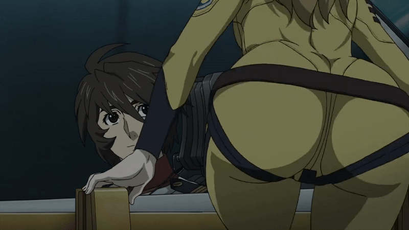 10s 1boy 1girl 2018 aircraft airship animated animated_gif anime_screenshot ass blonde_hair bodysuit breasts brown_eyes brown_hair climbing_ladder from_behind hair_between_eyes huge_ass kodai_susumu long_hair lowres medium_breasts military military_uniform mori_yuki science_fiction short_hair skin_tight smile spaceship tagme uchuu_senkan_yamato uchuu_senkan_yamato_2199 uchuu_senkan_yamato_2202:_ai_no_senshi-tachi wide_hips