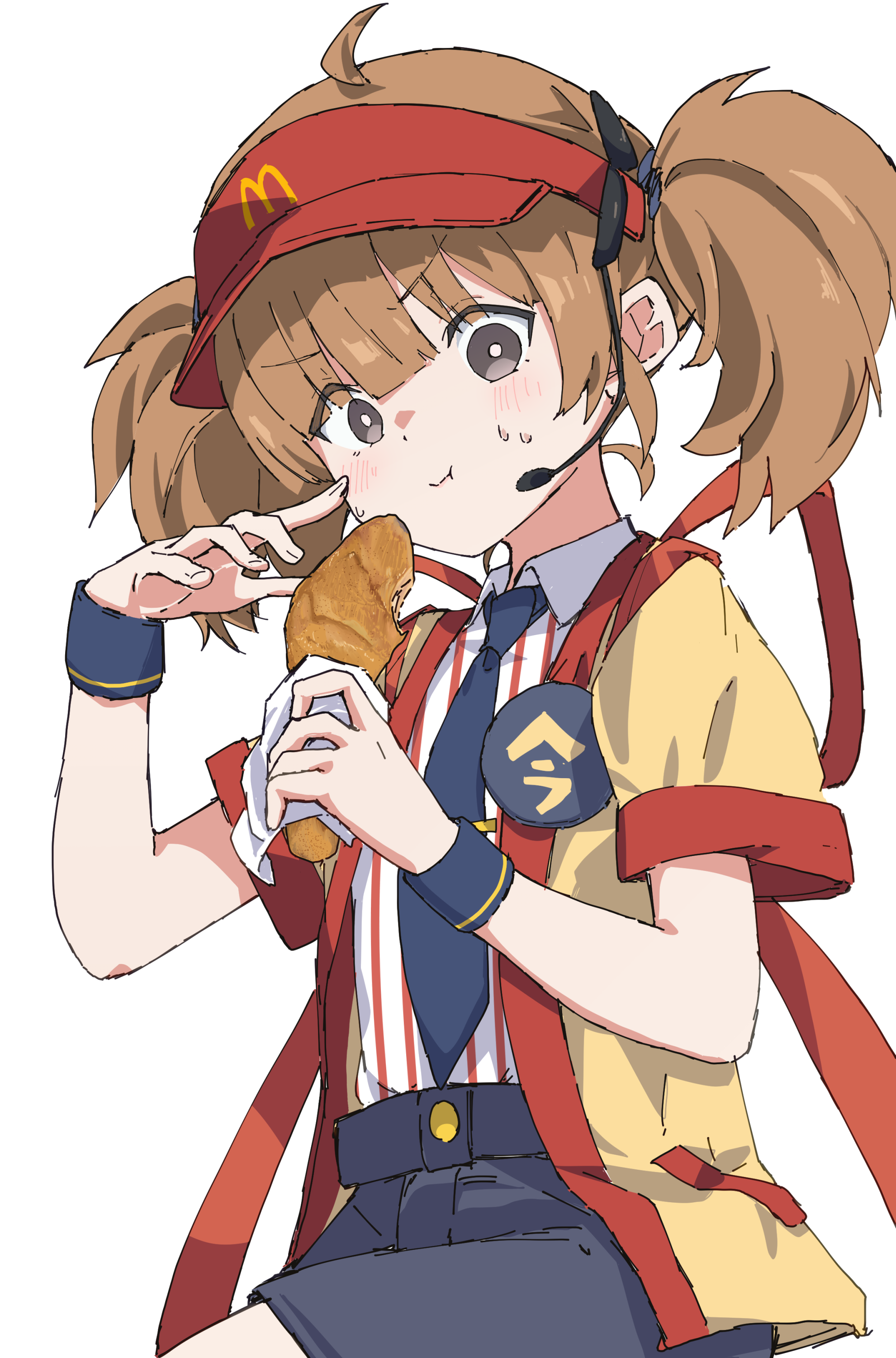 1girl absurdres ahoge badge black_necktie black_shorts blush bread brown_hair button_badge collared_shirt commentary_request eating food hat headset highres holding holding_food imadake_dabuchi_tabemi looking_at_viewer mcdonald's necktie open_mouth red_hat shirt shorts solo standing striped_clothes striped_shirt transparent_background twintails visor_cap white_shirt yellow_happi yucblossom
