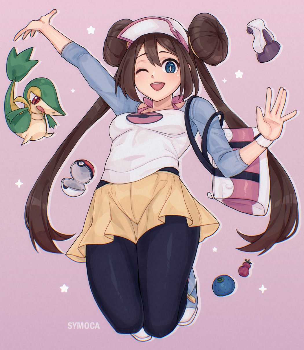 1girl :d arm_up artist_name bag berry_(pokemon) black_pantyhose blue_eyes breasts bright_pupils brown_eyes brown_hair commentary donut_hair_bun double-parted_bangs double_bun english_commentary gen_5_pokemon hair_between_eyes hair_bun handbag highres jumping long_hair looking_at_viewer medium_breasts nintendo one_eye_closed open_mouth oran_berry pantyhose pink_bag poke_ball poke_ball_(basic) poke_ball_print pokemon pokemon_(creature) pokemon_bw2 potion_(pokemon) print_shirt purple_background rosa_(pokemon) shirt skirt smile snivy star_(symbol) star_in_eye symbol_in_eye symoca twintails two-tone_bag very_long_hair visor_cap white_bag white_pupils yellow_skirt