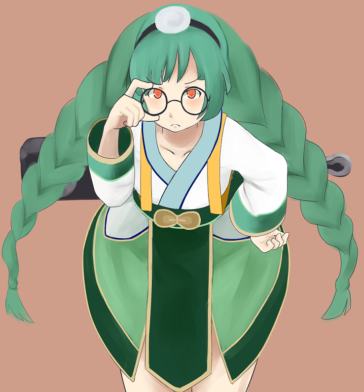 1girl adjusting_eyewear braid brown_background dress female_focus frown glasses green_dress green_hair hairband hand_on_eyewear hand_on_own_hip headwear_request leaning_forward long_hair looking_at_viewer ole_tower orange_eyes run_romes simple_background socket_wrench socket_wrench_(ole_tower) solo standing twin_braids very_long_hair