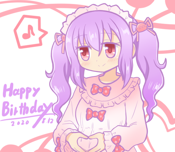 1girl blush bow closed_mouth dated dress eighth_note food-themed_hair_ornament frills hair_between_eyes hair_ornament hair_ribbon happy_birthday heart long_hair long_sleeves macaron_hair_ornament maid_headdress musical_note original pink_dress purple_hair red_bow red_eyes reverse_(bluefencer) ribbon sidelocks smile solo spoken_musical_note twintails upper_body white_background