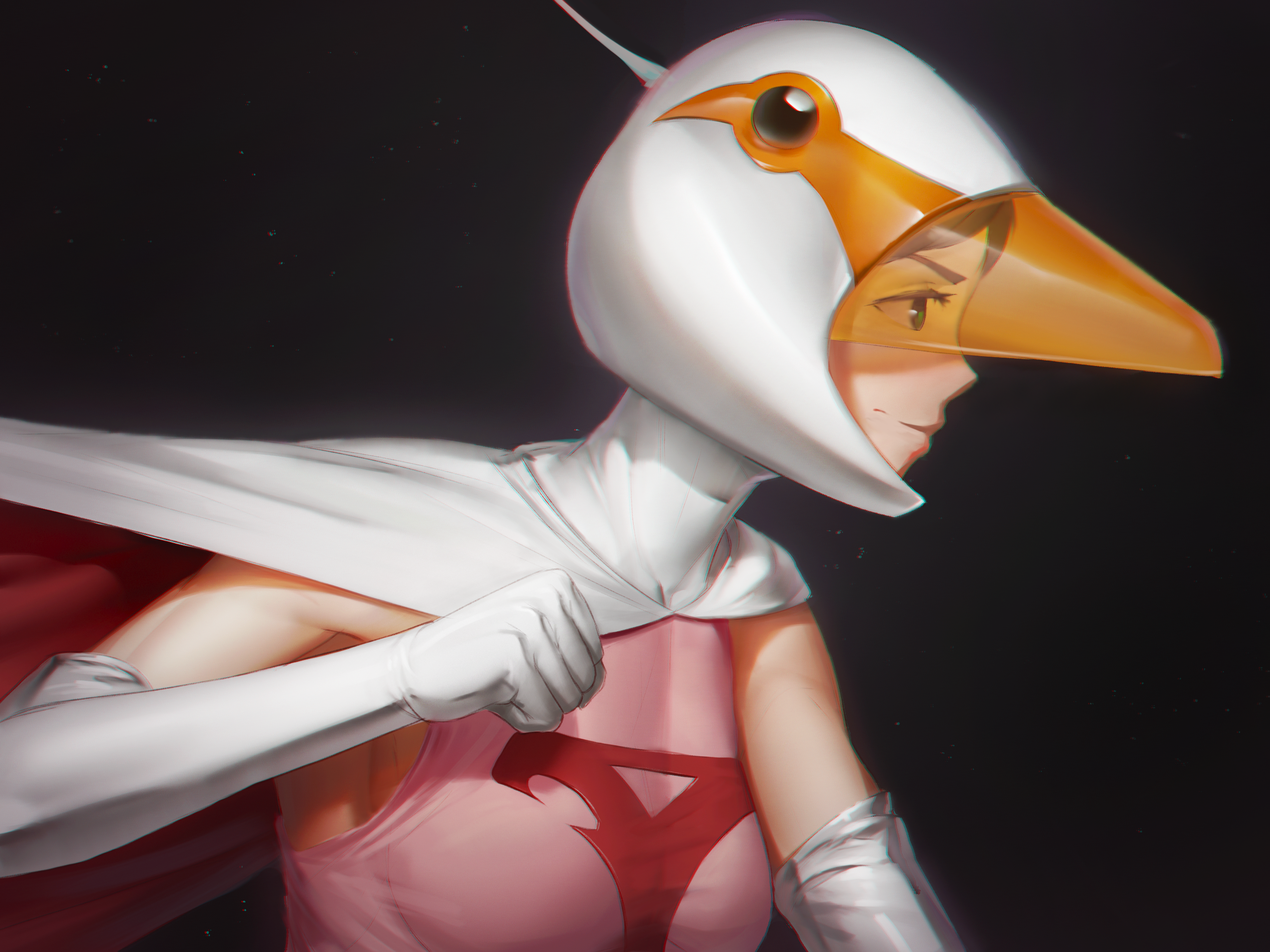 1girl bird black_background breasts clenched_hand cloak closed_mouth commentary elbow_gloves english_commentary gatchaman gloves goose green_eyes helmet highres jun_the_swan light_particles numanoan pink_shirt profile shirt short_hair small_breasts smile solo upper_body white_cloak white_gloves