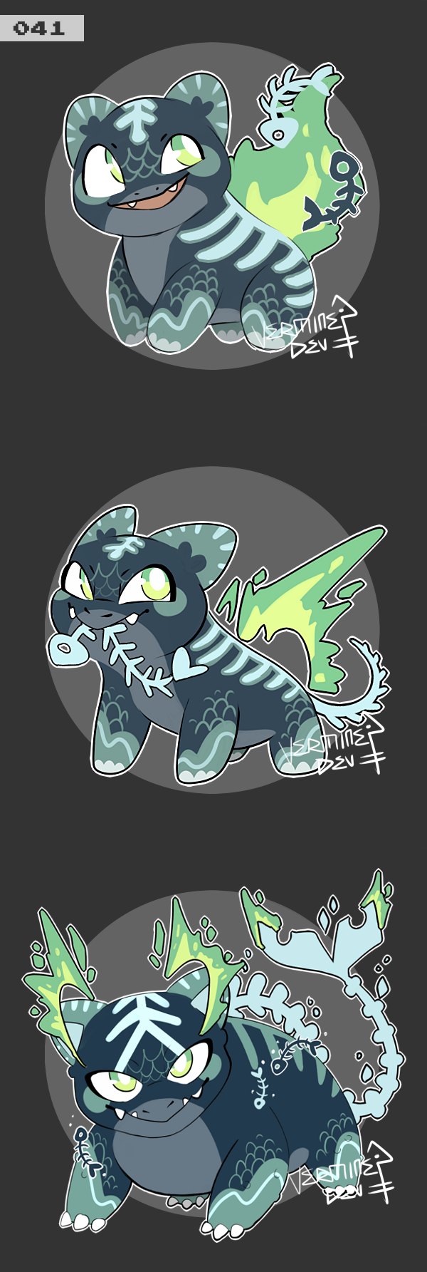 adoptable animal_focus bone_tail bright_pupils bulbasaur commentary english_commentary evolutionary_line fangs fish_skeleton gen_1_pokemon green_eyes grey_background highres ivysaur mouth_hold nintendo no_humans nostrils open_mouth pokemon redesign scales seaweed signature venusaur verminedev white_pupils