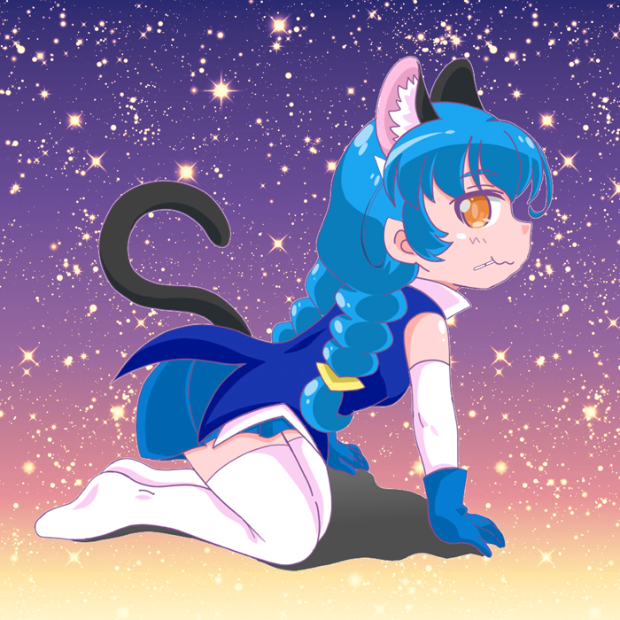 1girl :3 animal_ears blue_dress blue_gloves blue_hair cat_ears cat_tail cure_milky dress gloves long_hair looking_at_viewer magical_girl mahjong nekomaru_fubuki orange_eyes precure smile solo star_(symbol) star_symbol_background star_twinkle_precure strip_game strip_mahjong tail thighhighs white_thighhighs yuni_(precure)
