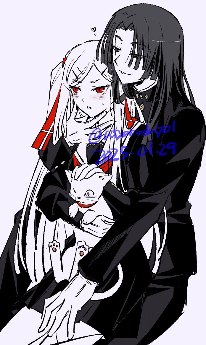 1boy 1girl animal animal_on_lap atyakodayo1 black_hair black_jacket black_serafuku blush cat dated embarrassed flirting geminism glaring gloves hair_ribbon hand_on_another&#039;s_chin hand_on_another&#039;s_thigh heart hirosoma_shinku holding holding_animal holding_cat jacket long_hair long_sleeves on_lap pants pleated_skirt red_eyes red_ribbon ribbon school_uniform serafuku simple_background sitting sitting_on_lap sitting_on_person skirt smile swept_bangs tsukishiro_tsukishiro twitter_username two_side_up white_hair
