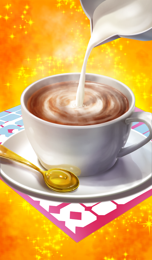 chocolate_lady_no_karasawagi commentary cream cup drink fate/grand_order fate_(series) food_focus hot_chocolate lasengle mug no_humans official_art orange_background pouring saucer sparkle sparkle_background spoon third-party_source