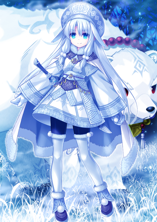 1girl ainu_clothes animal bear black_(artist) black_pantyhose blue_eyes blue_hair blue_hat blue_sash blue_theme boots cape closed_mouth curtained_hair fate/grand_order fate_(series) full_body fur-trimmed_boots fur-trimmed_cape fur-trimmed_thighhighs fur_trim hat headwear_request japanese_clothes kimono long_hair long_sidelocks long_sleeves looking_at_viewer low-tied_sidelocks miniskirt mittens official_art pantyhose pom_pom_(clothes) purple_boots sash sheath sheathed shirou_(bear)_(fate) sidelocks sitonai_(fate) sitonai_(third_ascension)_(fate) skirt smile solo standing sword thighhighs third-party_source variant_set very_long_hair weapon white_cape white_hair white_mittens white_thighhighs