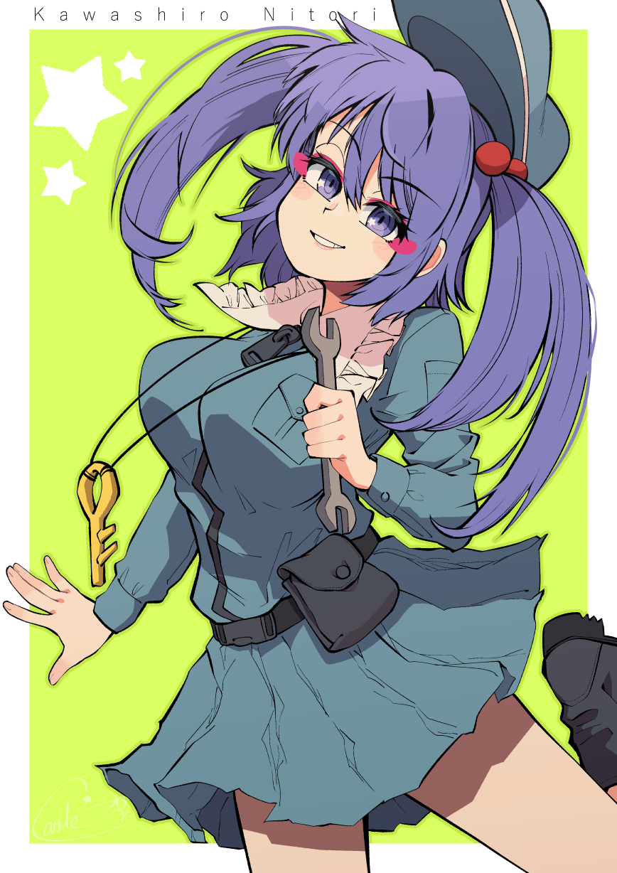 1girl aqua_headwear belt black_belt black_footwear blue_dress blue_eyes blue_hair blush_stickers boots border breasts cabbie_hat carte character_name cowboy_shot dress hair_between_eyes hat head_tilt highres holding holding_wrench jewelry kawashiro_nitori key key_necklace large_breasts necklace smile star_(symbol) touhou two_side_up white_border wrench yellow_background zipper