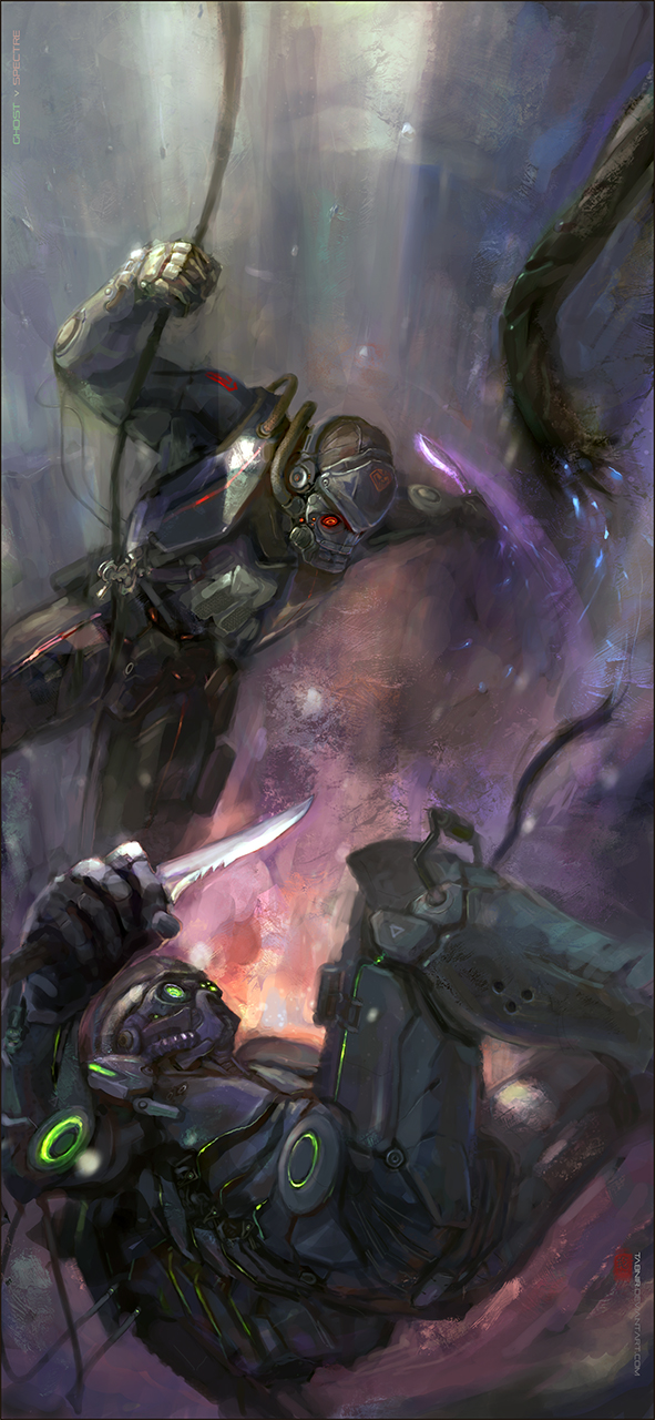 2boys armor blade bodysuit duel falling gas_mask ghost ghost_(starcraft) glowing glowing_eyes green_eyes helm helmet highres injury knife kukri mask multiple_boys neon_trim power_armor red_eyes rope spacesuit spectre starcraft starcraft_2:_wings_of_liberty tabnir terran terran_spectre weapon