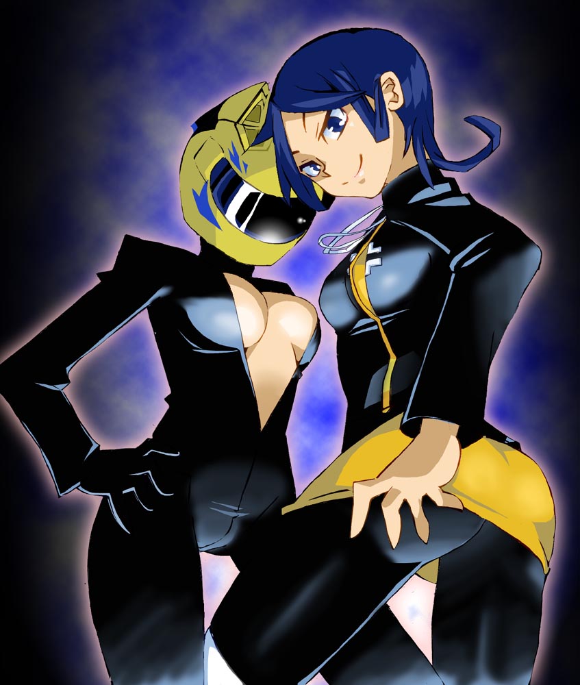 animal_helmet black_bodysuit blue_eyes blue_hair bodysuit breasts celty_sturluson crossover devil_survivor_(series) devil_survivor_2 durarara!! helmet large_breasts motorcycle_helmet multiple_girls onnaski sako_makoto sawashiro_miyuki short_hair smile voice_actor_connection