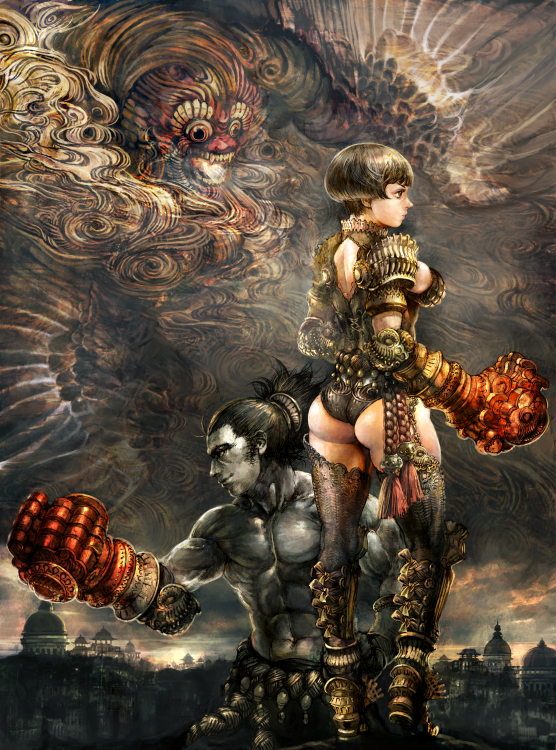 1boy 1girl abs anesaki_dynamic armor armored_boots ass black_hair boots city demon gloves muscular original profile topless_male short_hair shoulder_armor pauldrons thigh_boots thighhighs weapon xiangyun