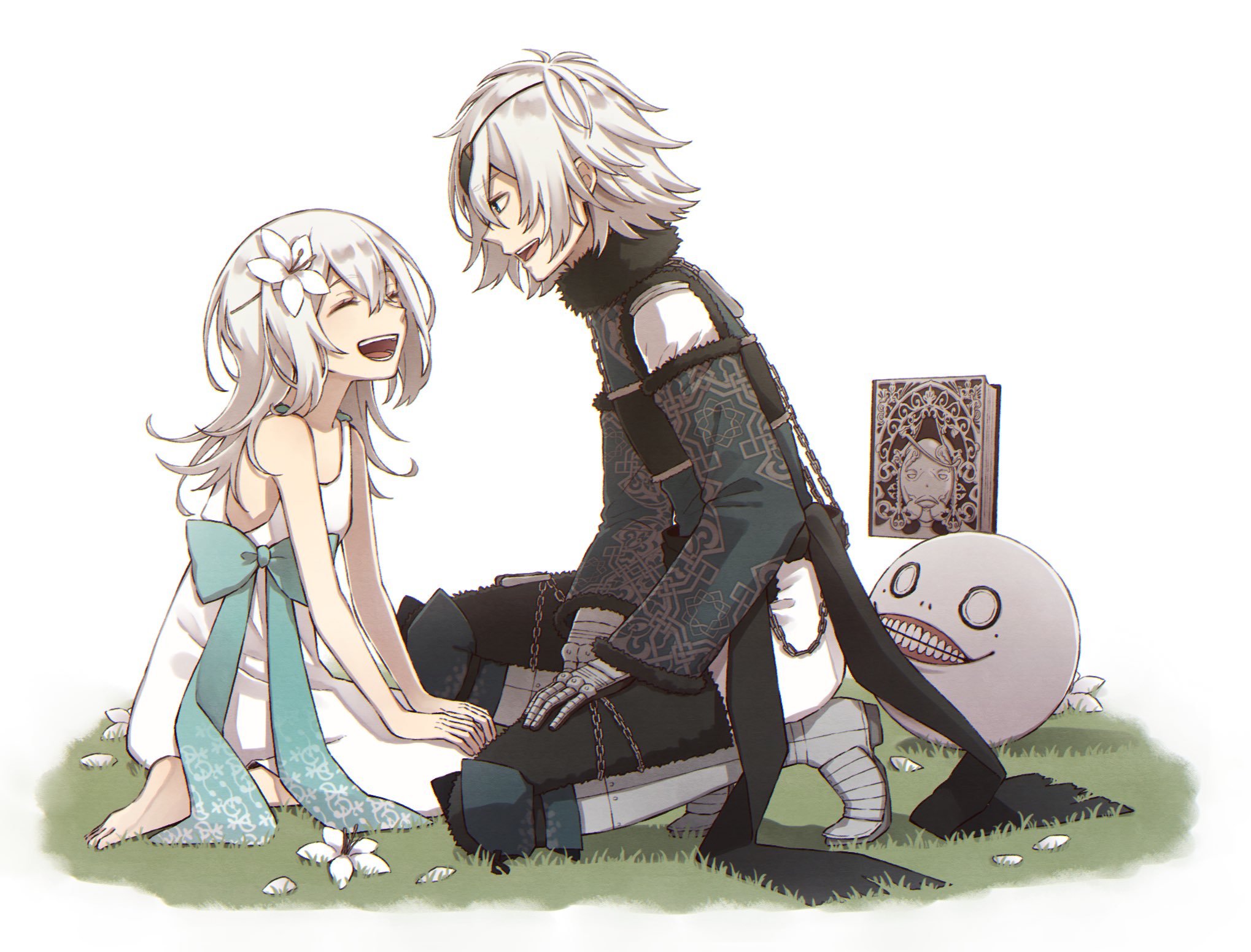 1boy 1girl barefoot brother_and_sister closed_eyes dress emil_(nier) flower full_body gloves grass grimoire_weiss hair_flower hair_ornament highres long_hair nier nier_(brother) nier_(series) open_mouth siblings smile tamakingx422x white_background white_dress white_hair yonah
