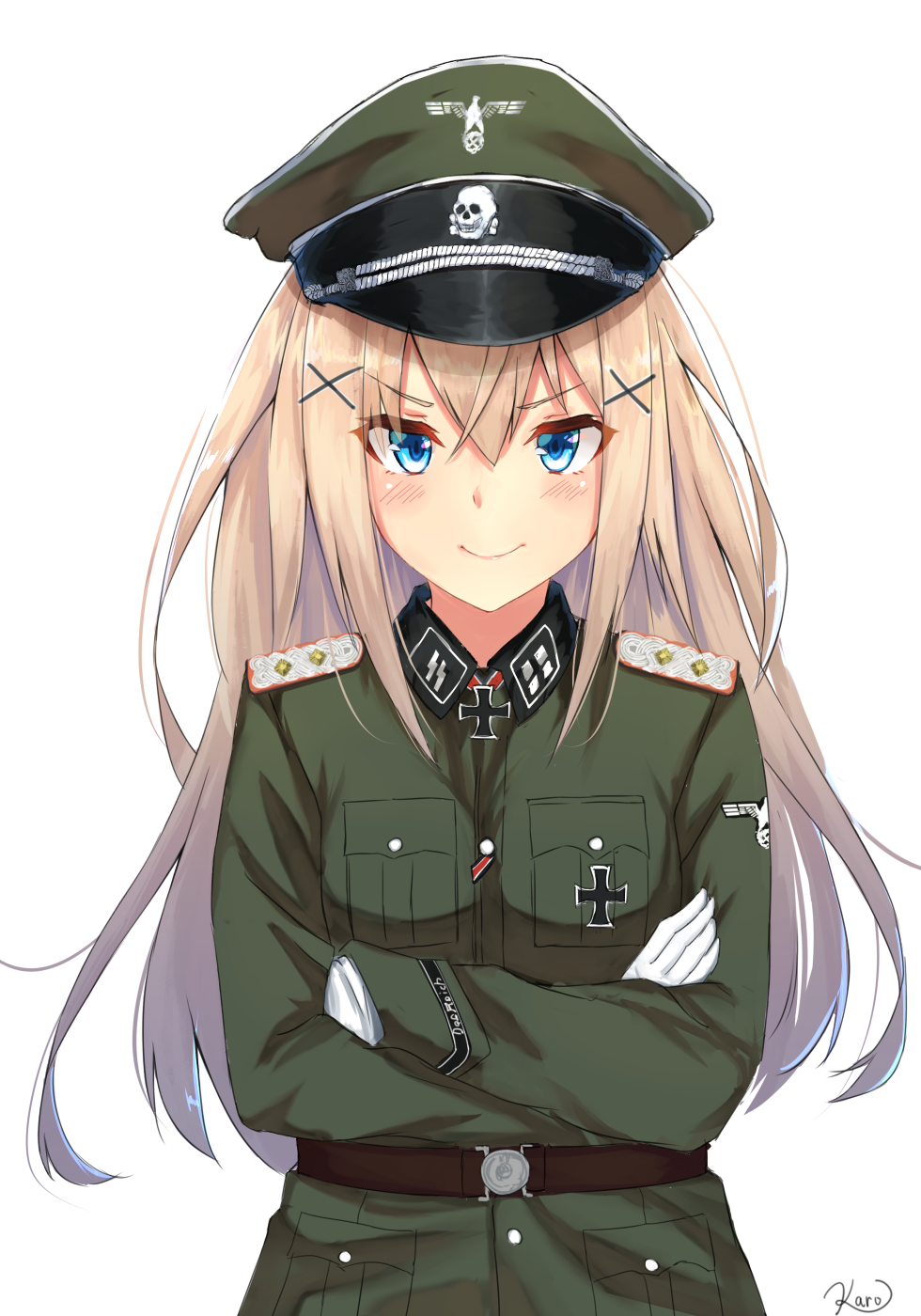 1girl artist_name belt blonde_hair blue_eyes blush brown_belt commentary_request cross crossed_arms emblem epaulettes eyebrows female_focus german_text gloves hair_between_eyes hair_ornament hairclip hat highres iron_cross karo-chan long_hair long_sleeves looking_at_viewer medal military military_hat military_uniform nazi original peaked_cap reichsadler siegrunen signature simple_background smile solo straight_hair totenkopf waffen-ss white_background white_gloves world_war_ii